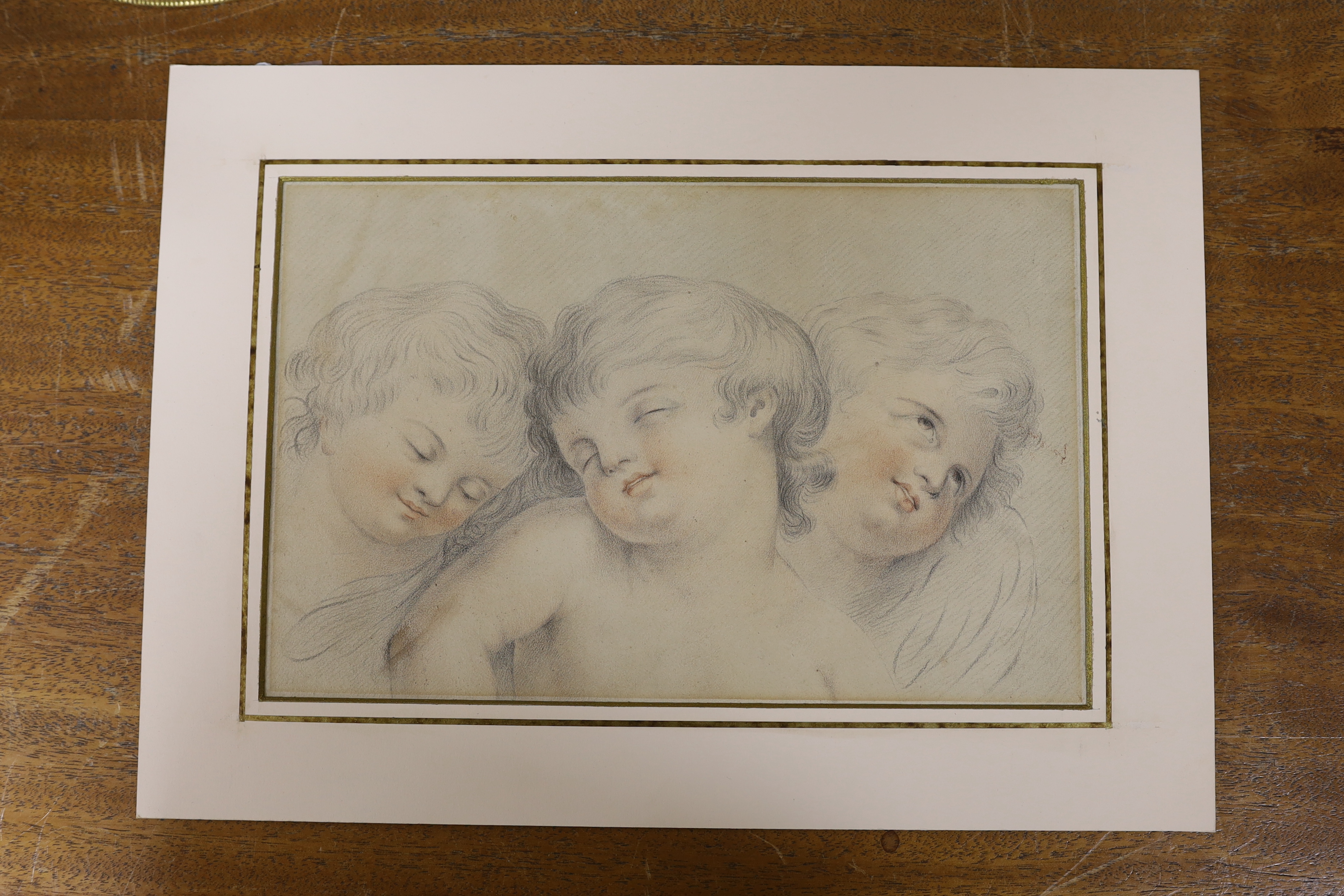 Attributed to Giovanni Battista Cipriani RA (Italian, 1727-1785), old master chalk, Three cherubs, mounted, unframed, 18 x 29cm